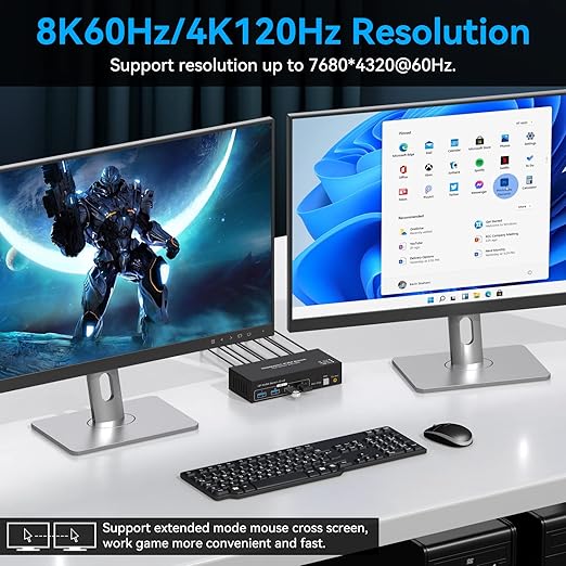 Displayport KVM Switch 2 Monitors 2 Computers 8K 60Hz 4K 120Hz Dual Monitor USB 3.0 KVM Switches for 4 USB Devices, Wired Extension Button,12V DC Adapter and USB3.0 Cables