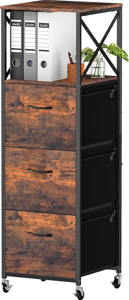 3 Drawers File Cabinet, Vertical Filing Cabinets for Home Office, Non-woven Fabric Drawer with Adjustable Hanging File Folders, A4/Letter Size, Open Shelf, Mobile Printer Stand, Rustic Brown