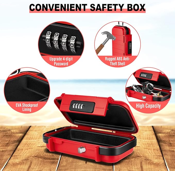 HUANLANG Portable Safe Lock Box with Combination Lock Mini Beach Travel Safe Waterproof Small Lockable Box with Removable Wire Rope Combination Safe Box for Dorm,Travel,Beach,Hotel,Car,Home,Office