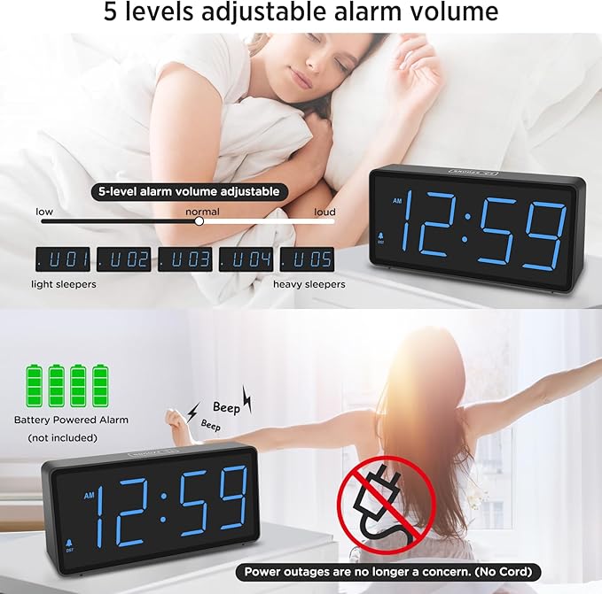 Peakeep Battery Operated Digital Alarm Clock for Bedrooms Cordless - Auto/Manual Dimmer, Volume Adjustable, Large Big Numbers Display, Dual Power Supply