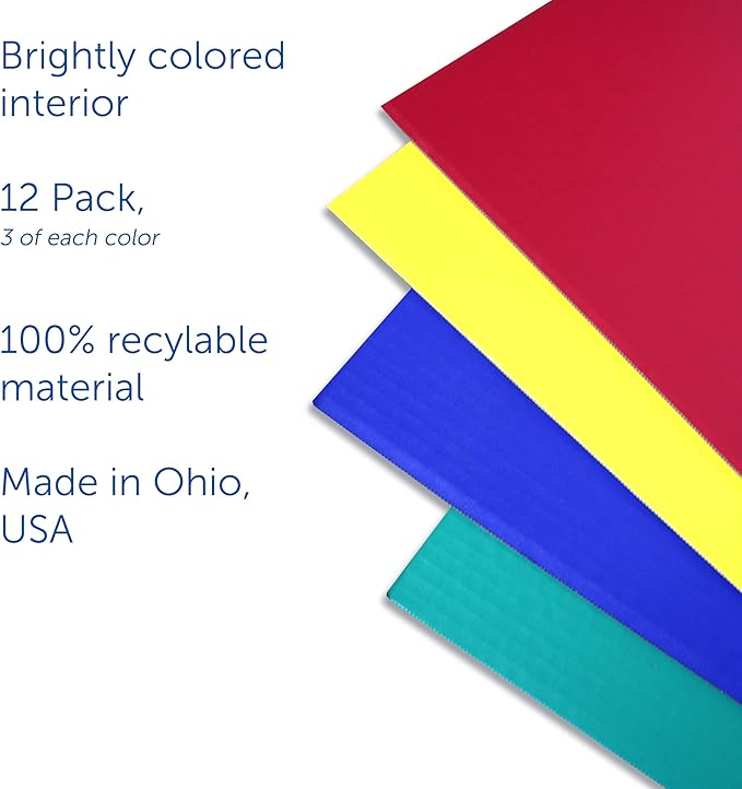 Flipside Products Assorted Color 12 Pack Study Carrel, 12”x48” Red, Green, Blue and Yellow Privacy Boards, Student Privacy and Focus Booth for The Classroom, Desk Divider Cubby for Tests, Made in USA