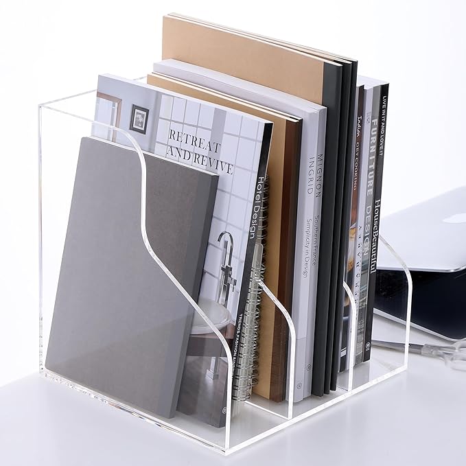HeZone Desk File Organizer, Acrylic Magazine File Holder with 3 Vertical Compartments Rack File Sorter for Office Home Classroom Desk Organization, Clear…