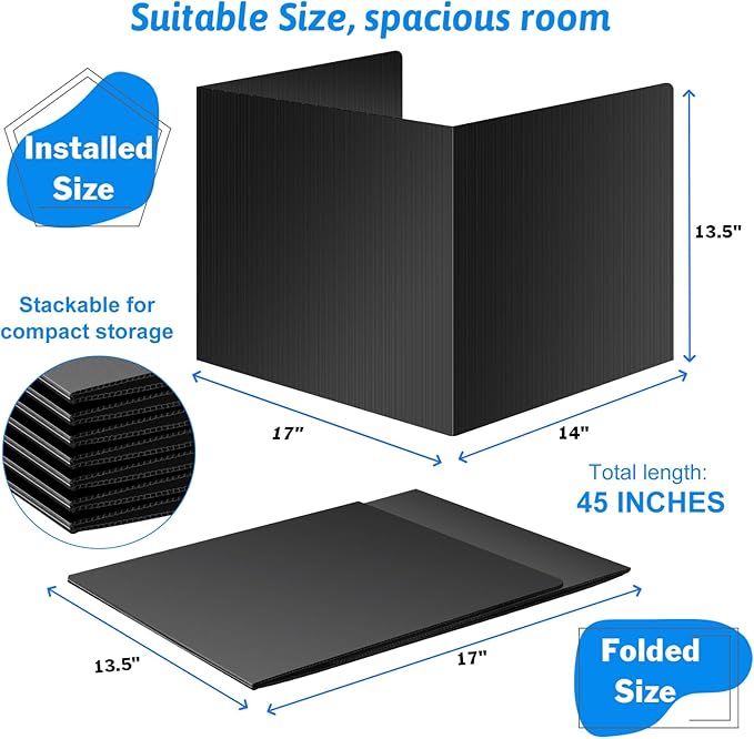 Black 4-Pack Desk Dividers for Students, Waterproof Durable Plastic Study Carrel Dividers, Easy to Clean, Privacy Classroom Shield Folder Boards for Student Desk