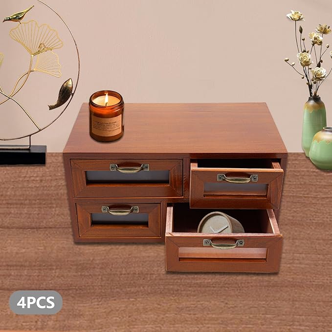 4PCs 16 Drawer Wooden Desk Top Organizer Cabinet, Desktop Drawer Storage Box, Vintage Wooden Storage Box, Tabletop Multi Storage Organizer, Use for Home & Office (Brown)