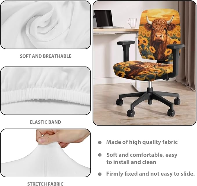 Highland Cow Office Chair Covers Stretchable Desk Accessories Universal Split Rotating Swivel Chair Slipcover Protector Computer Office Chair Seat Cover 2 Piece Office Gifts for Women Men