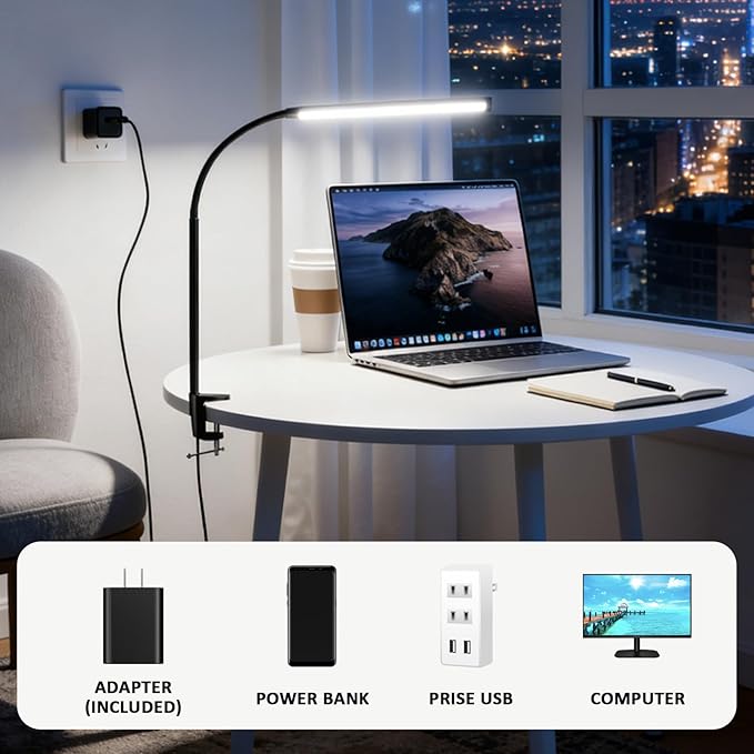 Akynite LED Desk Lamp with Clamp Clip on Reading Light Dimmable USB Small Clamp Lamp with 3 Color Modes 10 Brightness, Adjustable Flexible Gooseneck Workbench Light for Bed Headboard, Nail, Computer
