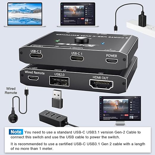 USB C KVM Switch 4K@60Hz,MLEEDA KVM Switch USB C for 2 Laptops Share Single HDMI Monitor and Keyboard Mouse,Compatible with Windows,Mac OS,Wired Remote and USB Power Cord Included