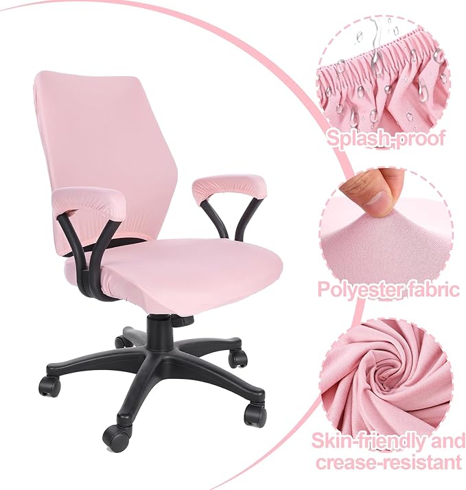 4 PCS Office Chair Covers Set Pink Computer Desk Chair Covers Universal Stretchable Protective Office Chairs Seat Cover with Armrest Cover Slipcovers Pads Cushion Backrest for Rotating (Medium Pink)