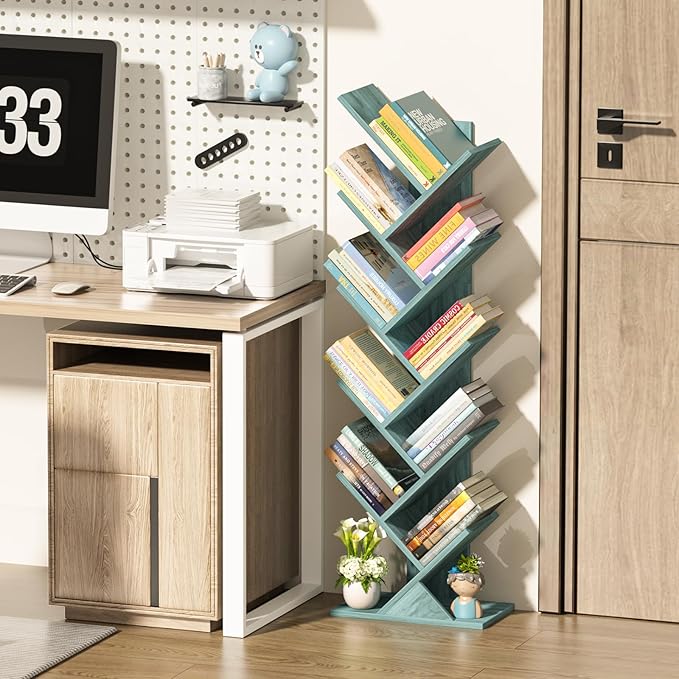 SHEEPAM 10 Tier Tree Book Shelf, Floor Standing Wood Bookshelf for Narrow Space, Storage Organizer Bookshelves for Books/CDs/Magazine, Bookcase with Shelves for Home Office, Living Room - Blue