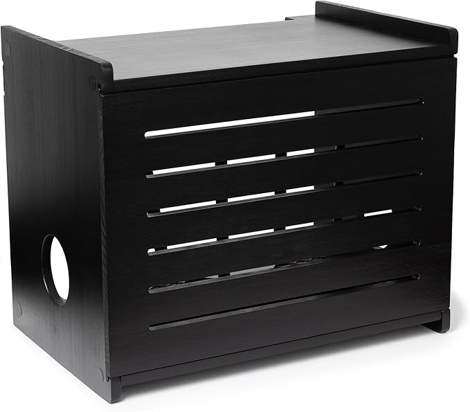 Wooden WiFi Router Storage Box - Deluxe Wall Mountable Decorative Modem Shelf Hider Cover with Cable Management System - Rustic Home Organization Solution for Most Routers Up to 11" Tall - Black