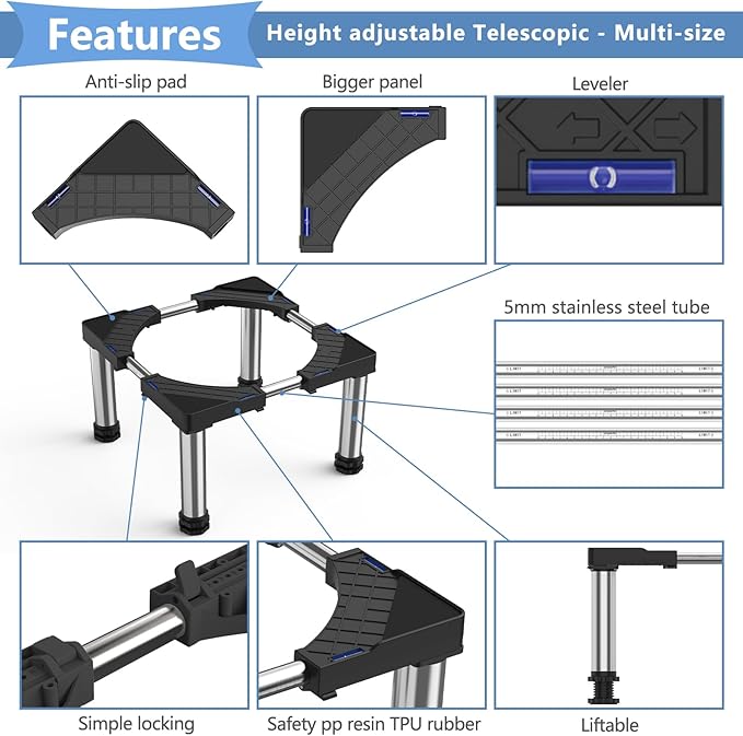 Mini Fridge Stand with 4 Strong Feet Washing Machine Stand Base 9.8"-11" Height Adjustable Universal Stand Base for Portable Refrigerator Dryer Stand Laundry Pedestal for 17.7"-25.6" Appliance, Black