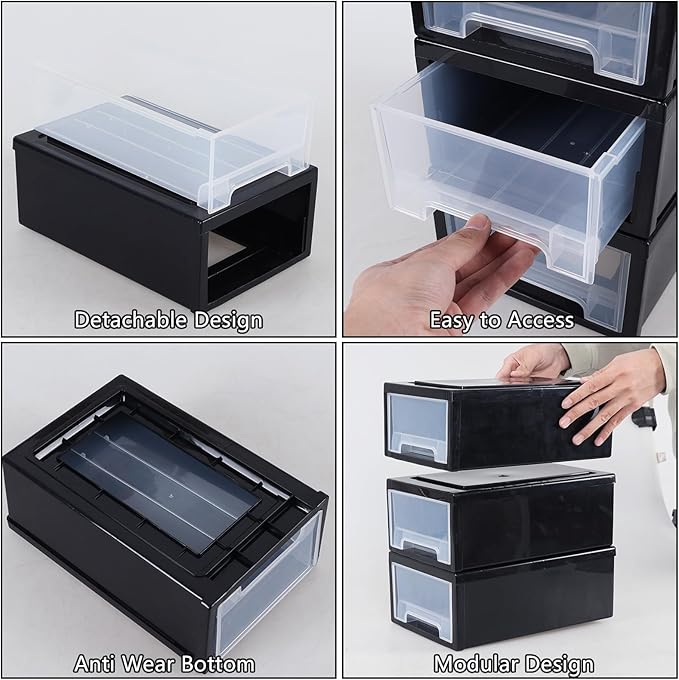 Compact Stacking Storage Drawer Unit, 6 Quart Plastic Desktop Drawers, 3 Pack, Black