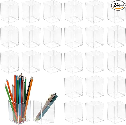 24 Pack Clear Acrylic Pen Holders – Multipurpose Desktop Organizer for Pencils, Makeup Brushes, Stationery & Office Supplies (2.6” x 2.6” x 3.6”)