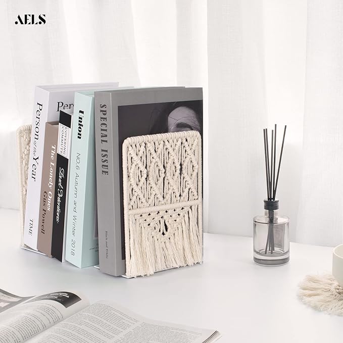 AELS Boho Macrame Bookends with Tassels, Heavy Duty Metal Book Ends, Decorative Unique Bookend Supports for Shelves, Stopper for Books/Movies/CD, Farmhouse Decoration,Thanksgiving