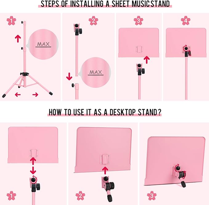 CAHAYA Sheet Music Stand & Tabletop Music Stand Solid Back with Carrying Bag for Books Notes Laptop Tablet Pink CY0194