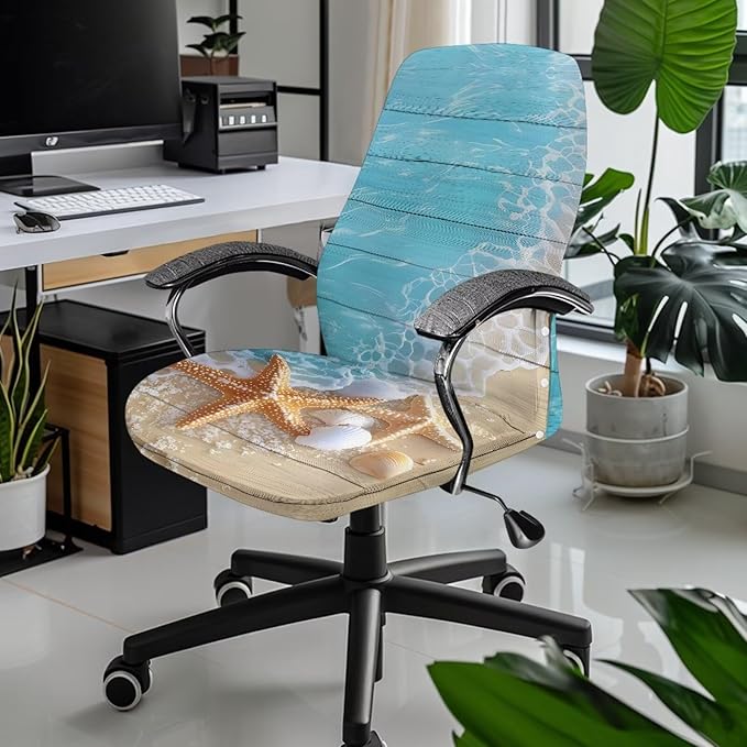Talayituse Beach Starfish Seashell Wood Print Office Chair Covers, Stretch Computer Chair Cover, Universal Boss Chair Covers Modern Simplism Style High Back Chair Slipcover, Large