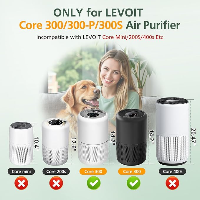 Core 300 Replacement Filter for LEVOIT Core 300 Core300-P Core 300S Core 300-P VortexAir Air Purifier, Core 300-RF, 3-in-1 Activated Carbon, 2 Pack, White, Core 300-P