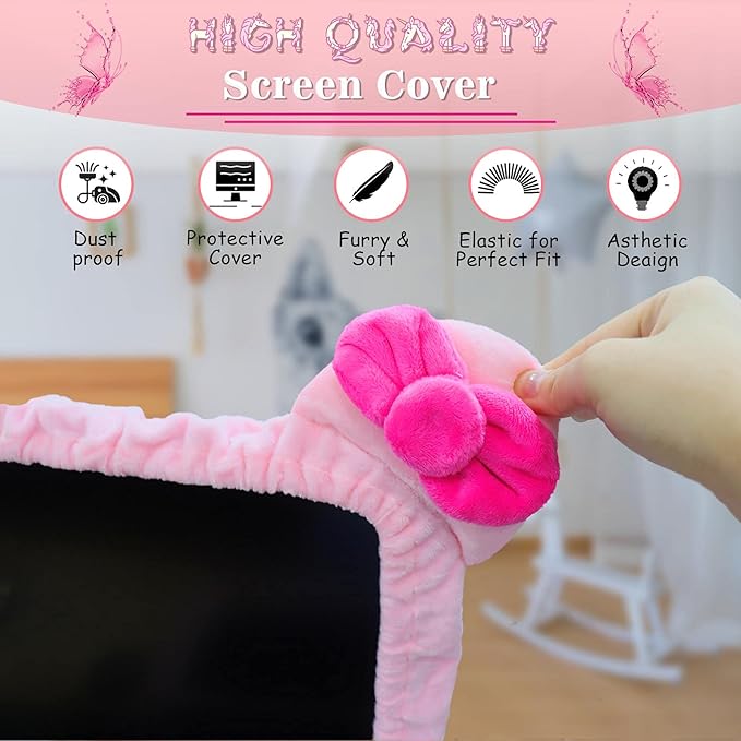23'' - 34'' Computer Monitor Protective Cover with Cat Ear Design, Cute Monitor Dust Cover with Furry Design, Elastic Dustproof, Suitable for PC, Tablet, TV