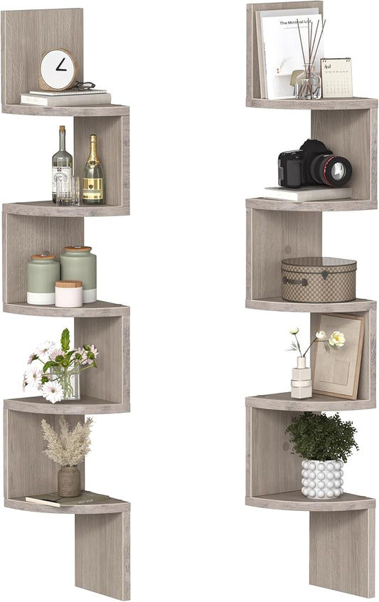 HOOBRO Corner Shelf Wall-Mounted, Set of 2 Floating Corner Shelves for Wall, 5-Tier Corner Bookshelves for Living Room, Bedroom, Bathroom, Home Office, Greige BG26BJP201