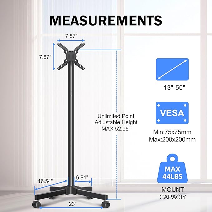 XINLEI Mobile TV Carts, Rotating Rolling TV Stand on Wheels for 13-50" Flat/Curved TVs Height Adjustable 30° Tilt Floor TV Stand Portable Monitor Stand Holds up to 44lbs Max VESA 200x200mm ML1350