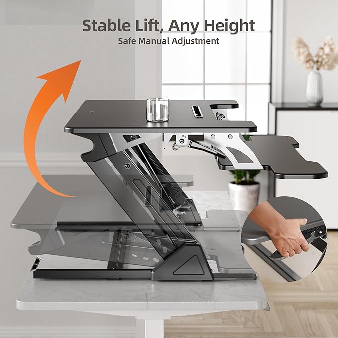 Claiks Standing Desk Converter 32 inch, Height Adjustable Sit Stand Up Desk Riser, Quick Sit to Stand Tabletop Dual Monitor Riser Workstation for Home Office with Keyboard Tray, Black