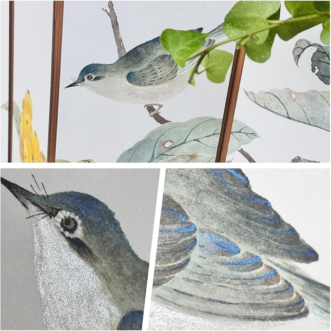 Hand-Painted Chinese Folding Screen - Traditional Oriental Partition with Bird & Loquat Pattern Mini Room Divider, Desktop Privacy Panel, (35x56cm) Symbolizing Happiness (Bird + Loquat)