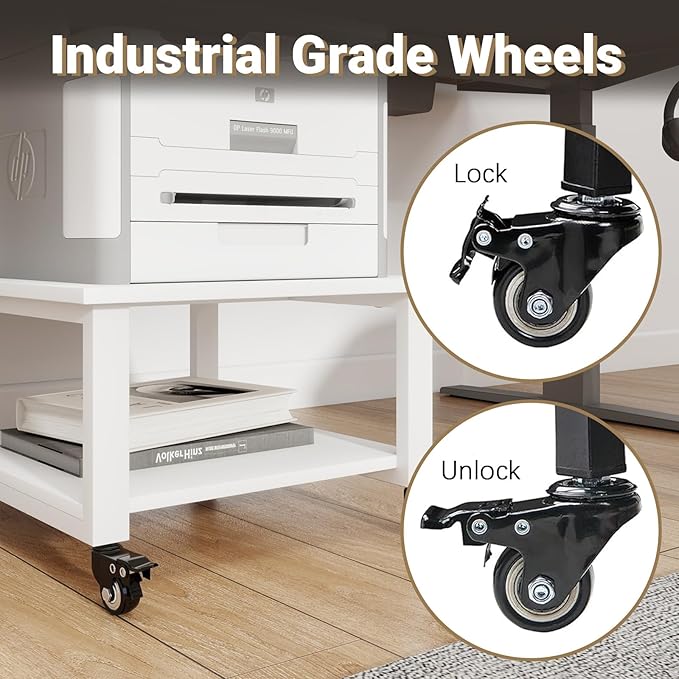 Natwind 2 Tier Laser Printer Stand,19.7''x19.7''x12.6'' Large Printer Table Copier Stand Under Desk,Heavy Duty Rolling Cart with Paper Storage Shelf,Printer Holder on Wheels for Home Office (White)