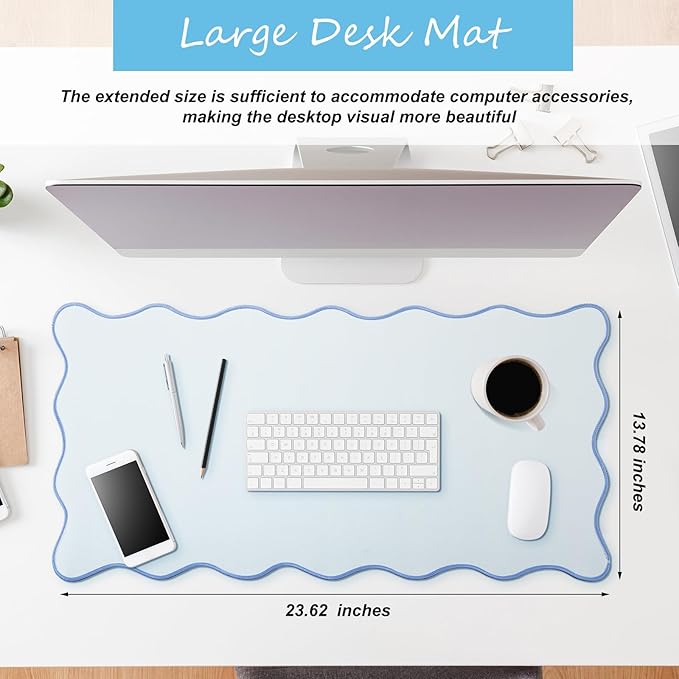 Hahafelt Scalloped Desk Mat Large Scalloped Piping Cute Desk Mat Aesthetic Preppy Table Pad Large Nonslip Pad with Edge Stitching Waterproof Gaming(Blue,23.6 x 13.8 Inches)