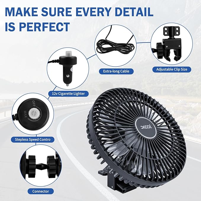 XOOL Clip Car Fan, 9 Inches 12V/24V Fan, 360° Rotatable Electric Cooling Clip on Fan with Stepless Speed Regulation for SUV, RV, Truck