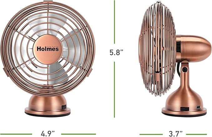 HOLMES 4" Mini Heritage Desk Fan, USB-Powered, Single Speed, 4 Blades, Adjustable 100° Head Tilt, Metal Construction, Ideal for Home, Dorm Rooms, Bedrooms, Office or Travel, Vintage Brushed Copper