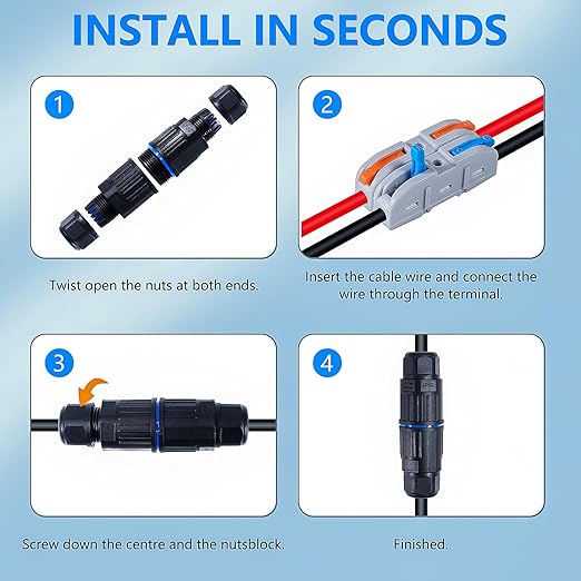 5PCS IP68 Waterproof Junction Box, Outdoor 2 Way Electrical Cable Connector, Replaceable Lever Wire Connectors for AWG 28-12, Quick Screwless Installation
