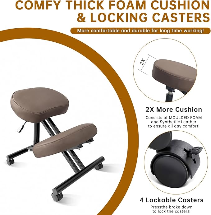 PU Leather Ergonomic Kneeling Chair, Adjustable Home and Office Stool with Thick Pads and Flexible Lockable Brake Wheels for Back Pain Relief（Dark Brown）