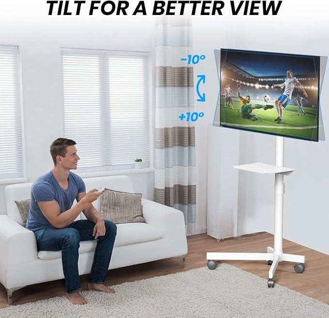 Mobile TV Cart for 23-60 Inch LCD LED OLED Flat Curved Screen TVs - Height Adjustable Rolling Floor Stand with Shelf and Locking Wheels - Up to 88lbs, Max VESA 400x400mm, White