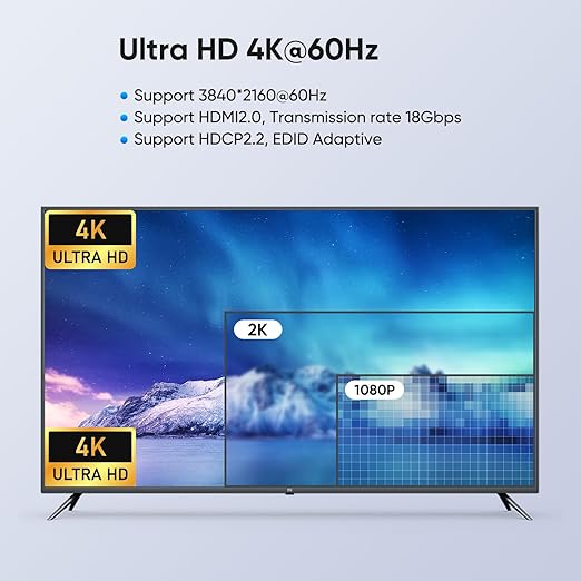 USB3.0 KVM Switch HDMI 4K@60Hz for 4 Computers Share 1 Monitor, KVM Switch 4 Port with 3 USB 3.0 Ports Share Keyboard Mouse, Support Button Switch, Plug and Play