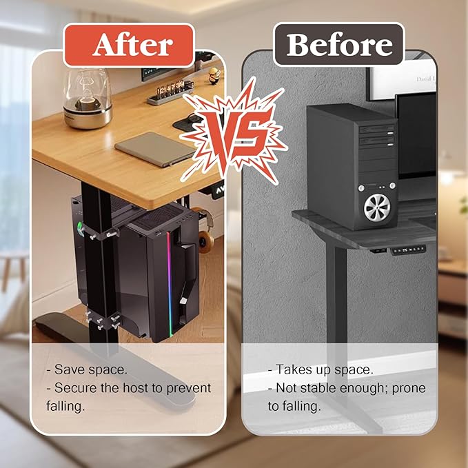 PC Mount Under Desk - No Drilling, Adjustable Height and Width Clamp Leg PC Bracket, Computer Mount Under Table for Standing Desks with 44lb Capacity