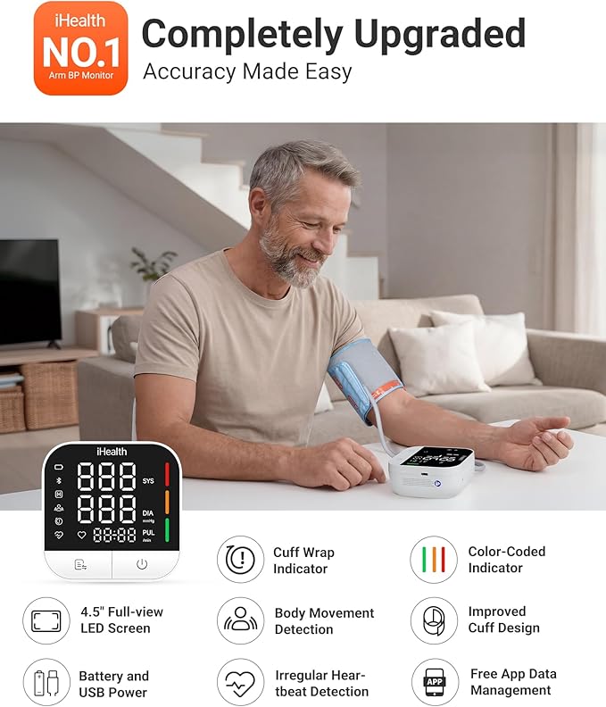 iHealth Track Pro Upper Arm Blood Pressure Monitor, Full-View LED Screen, Body & Cuff Detection, App-Enabled for iOS & Android, Adjustable Cuff Large Adults Arm Friendly