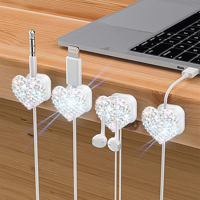 Bling Cord Organizer Holder,Heart Shape Magnetic Cable Clips with Strong Adhesive，Desk Cable Holder & Phone Charging Cords Wire Management for Home,Office,Car,Nightstand (White 4 Pack)