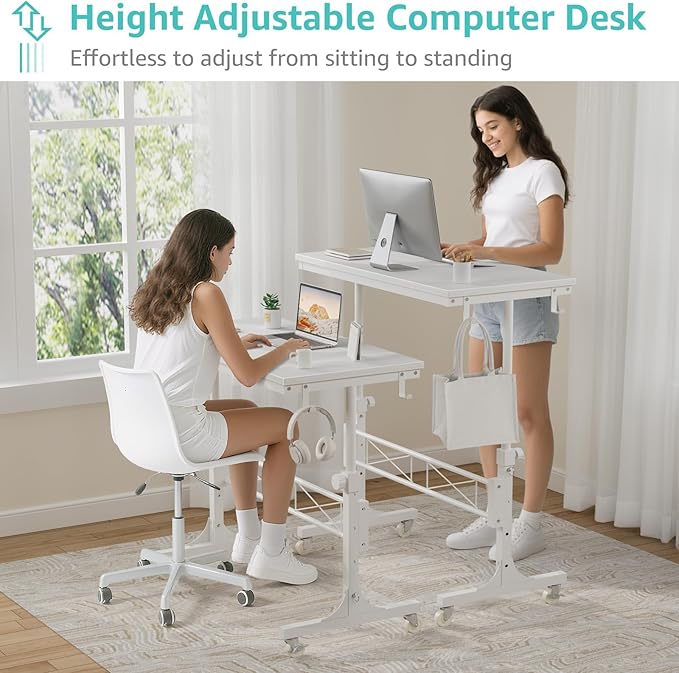 WINAZ Small Portable Treadmill Walking Pad Desk on Wheels, 32 Inch White Adjustable Height Mobile Rolling Standing Teacher Desks, Couch Sofa Side Laptop Stand Up Table for Bedroom, White