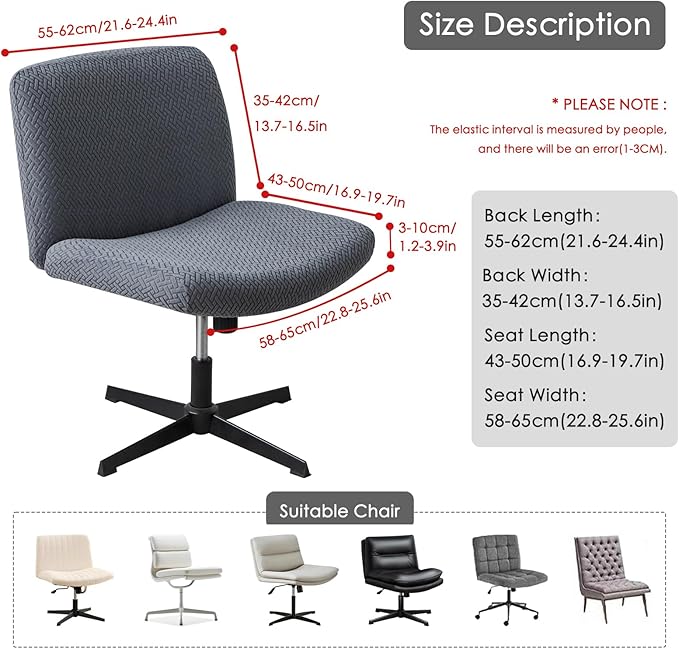 Criss Cross Chair Cover Dark Grey Armless Mid-Back Wide Seat Chair Slipcover for Vanity Chairs Washable