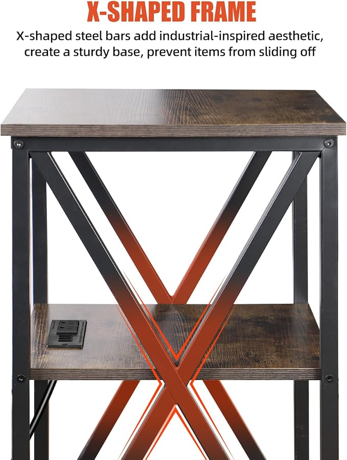 TooCust 3 Tier End Table with Charging Station, 16" W x 12" D x 28" H, Metal and Brown Bedside Table with USB Ports and Outlets, X-Shaped Side Tables with Wheels for Living Room, Bedroom, Kitchen