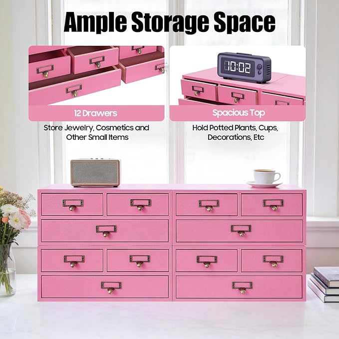 4 Packs Vintage Desktop Apothecary Cabinet with 3 Drawers, Vintage Desktop Organizer Wood Desktops Organizers Stackable Drawers Chest Drawer for Herb Storage Tea Collection Stationery (Pink)