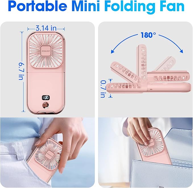 USB Rechargeable Upgraded 5-in-1 Portable Handheld Fan, Necklace Fan, Desk Fan, Foldable Phone Stand, 4 Speeds Airflow, Quiet Personal Fans with LED Digital Screen (Pink)