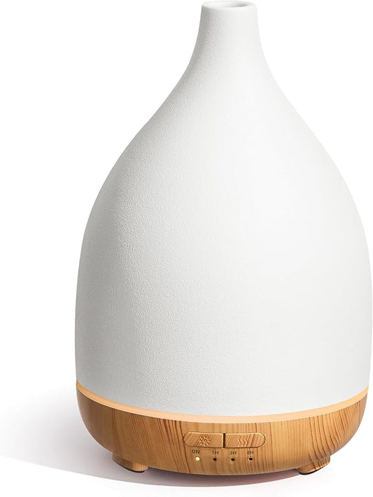 InnoGear Oil Diffuser, 300ML Ceramic Diffuser for Essential Oils Handcrafted Aromatherapy Diffuser Ultrasonic Cool Mist Humidifier with 4 Timers Waterless Auto Off for Room Office, White