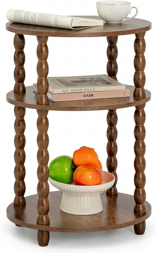 3-Tier Oval Side Table with Solid Wood Legs, Small End Table with Storage Shelves for Living Room Bedroom, Modern Night Stand Accent Table for Small Spaces, Easy Assembly