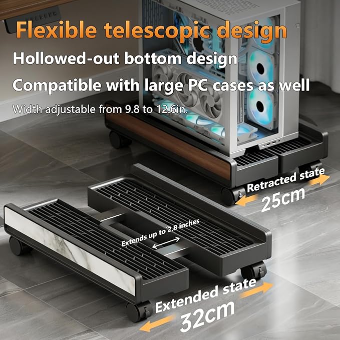 Heavy-Duty Adjustable Mobile CPU Stand with Locking Wheels,PC Tower Floor Cart,Ventilated Rolling Computer Holder Fits Most Gaming&Office Towers, Under Desk PC Riser with Caster Wheels (Marble Pattern)