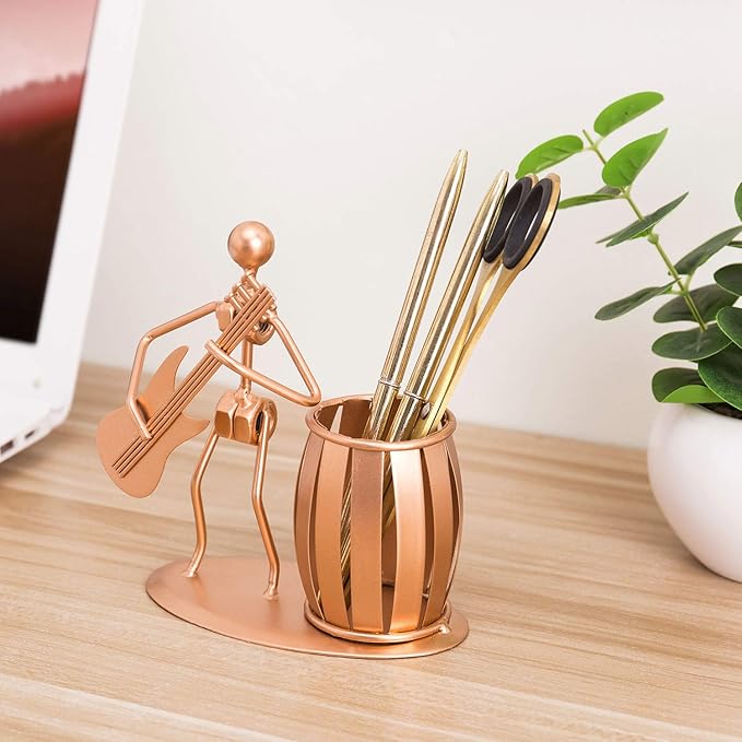 MyGift Pen Holder for Desk, Decorative Pencil Cup with Guitar Design, Accessories & Decor for Men, Gunmetal Gray Metal Desk