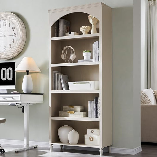 IFGET 76" Tall Arched Bookcase, Farmhouse 5 Tiers Large Arched Bookshelf Cabinet with Adjustable Shelves, Modern Wooden Book Shelf w/Storage and Open Display Shelves for Living Room, Office-Cream