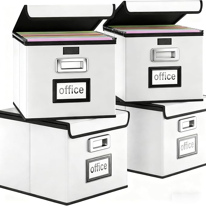 Portable Leather File Organizer Boxes with Lids, Office Document Boxes Organizer, Filing Boxes, Decorative Small File Boxes for Hanging Files, File Cabinet for Office/Home - 4 Pack