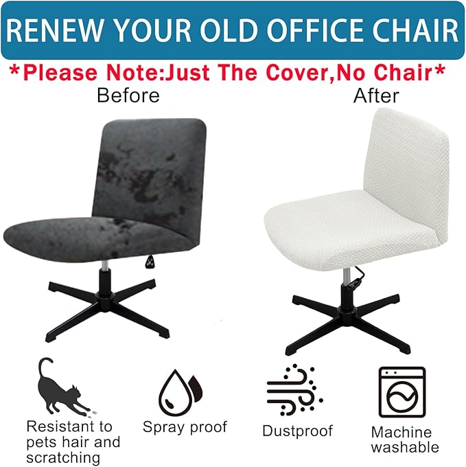Vanity Chair Cover Criss Cross Chair Cover Waterproof and Elastic Armless Chair Slipcover Armless Chair Covers Office Chair Covers (White,Just The Cover,No Chair)