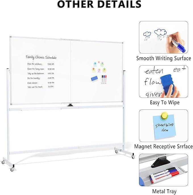 Large Rolling Whiteboard on Wheels, 72" x 36" Double-Sided Mobile White Board with Stand, 6' x 3' Portable Standing Magnetic Dry Erase Board Easel for Home Office Classroom School, Silver